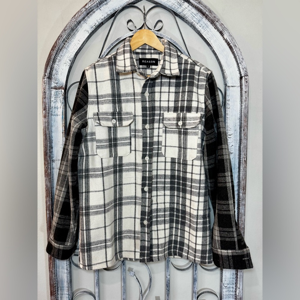 Reason Heavy Duty Black and White Plaid Button Up Shirt #131&